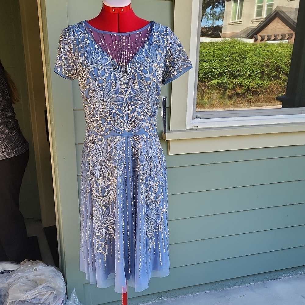 Aidan Mattox Blue and Silver Embellished Midi Dress